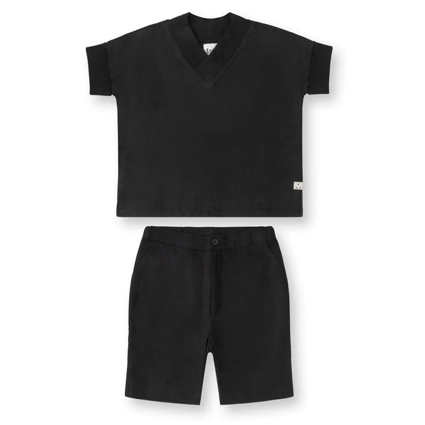 Ribbed V Neck Linen Set - Black