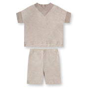 Ribbed V Neck Linen Set - Sand