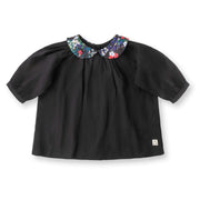 Girls Ditsy Collar Linen Set-Black