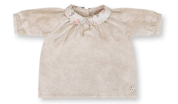 Girls Ditsy Collar Linen Top - Sand