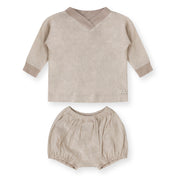 Boys Ribbed V Neck Linen Set - Sand