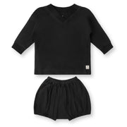 Boys Ribbed V Neck Linen Set - Black