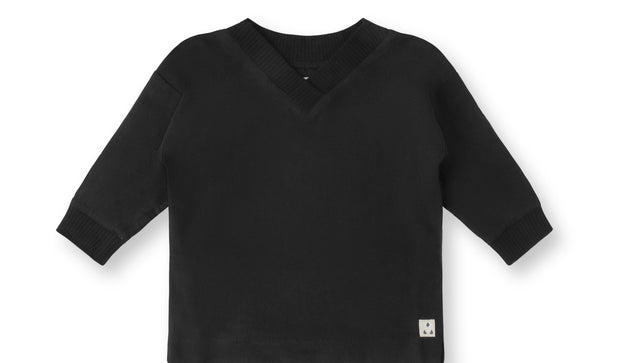 Boys Ribbed V Neck Linen Top - Black