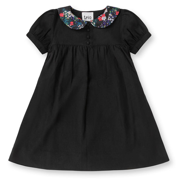 Ditsy Collar Linen Dress Short Sleeve - Black